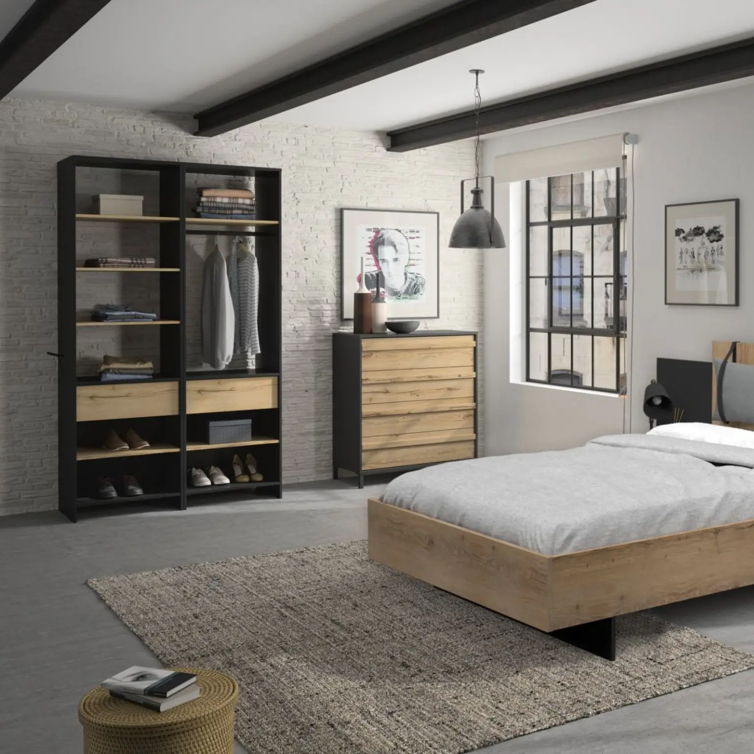 Schlafzimmer-Set MIMIZAN Schlafzimmer-Set MIMIZAN in Eiche Helvezia Holznachbildung kombiniert mit Absetzungen in Schwarz. Bestehend aus einer Bettanlage, einer Kommode, einem Schrank und einem Kissenset. Liegefläche 160x200cm